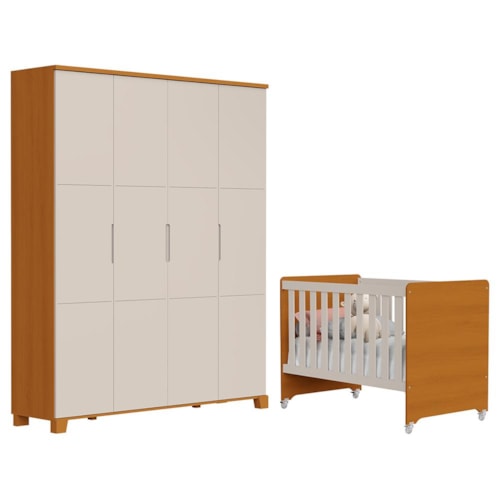 Jogo de Quarto Infantil Guarda Roupa Luna Max 4 Portas e Berço Evolution Areia Fosco/Savana - Reller Móveis