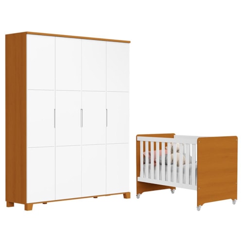 Jogo de Quarto Infantil Guarda Roupa Luna Max 4 Portas e Berço Evolution Branco Fosco/Savana - Reller Móveis