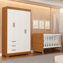 Jogo de Quarto Infantil Guarda Roupa Zaki e Berço Evolution Branco Fosco/Savana - Reller Móveis