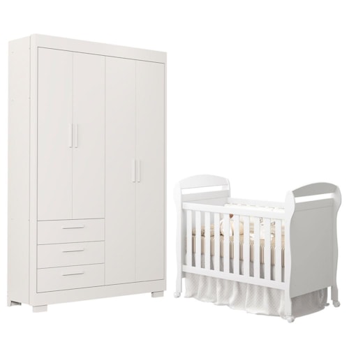 Jogo de Quarto Infantil Guarda Roupa Zaki e Berço Mini Cama Danny Branco Fosco - Reller Móveis