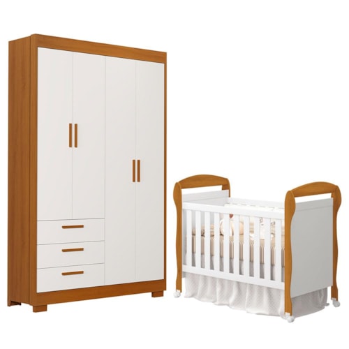 Jogo de Quarto Infantil Guarda Roupa Zaki e Berço Mini Cama Danny Branco Fosco/Savana - Reller Móveis