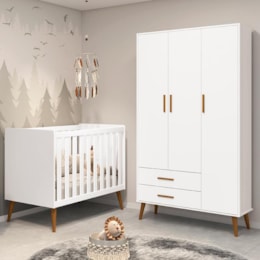 Jogo de Quarto Infantil Isis Guarda Roupa 3 Portas e Berço Branco - Reller Móveis  Jogo de Quarto Infantil Isis Guarda Roupa 3 Portas e Berço Branco - Reller Móveis