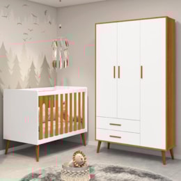 Jogo de Quarto Infantil Isis Guarda Roupa 3 Portas e Berço Branco/Savana - Reller Móveis   Jogo de Quarto Infantil Isis Guarda Roupa 3 Portas e Berço Branco/Savana - Reller Móveis