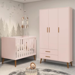 Jogo de Quarto Infantil Isis Guarda Roupa 3 Portas e Berço Rosa - Reller Móveis   Jogo de Quarto Infantil Isis Guarda Roupa 3 Portas e Berço Rosa - Reller Móveis