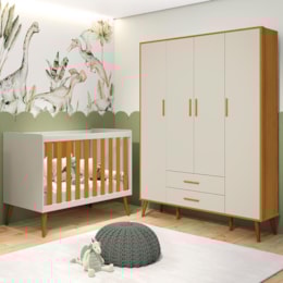 Jogo de Quarto Infantil Isis Guarda Roupa 4 Portas e Berço Areia/Savana - Reller Móveis   Jogo de Quarto Infantil Isis Guarda Roupa 4 Portas e Berço Areia/Savana - Reller Móveis