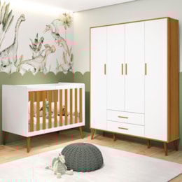 Jogo de Quarto Infantil Isis Guarda Roupa 4 Portas e Berço Branco/Savana - Reller Móveis   Jogo de Quarto Infantil Isis Guarda Roupa 4 Portas e Berço Branco/Savana - Reller Móveis
