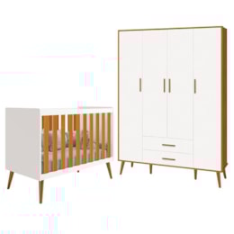 Jogo de Quarto Infantil Isis Guarda Roupa 4 Portas e Berço Branco/Savana - Reller Móveis   Jogo de Quarto Infantil Isis Guarda Roupa 4 Portas e Berço Branco/Savana - Reller Móveis