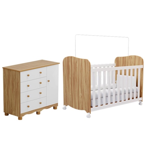 Jogo de Quarto Infantil Júnior Cômoda 1 Porta e Berço Uli Branco Brilho/Amêndoa - Móveis Peroba