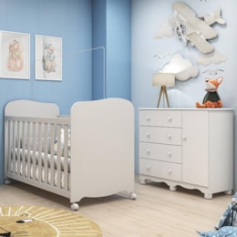 Jogo de Quarto Infantil Júnior Cômoda 1 Porta e Berço Uli Branco Brilho - Móveis Peroba