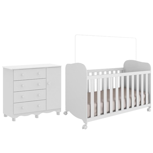 Jogo de Quarto Infantil Júnior Cômoda 1 Porta e Berço Uli Branco Brilho - Móveis Peroba