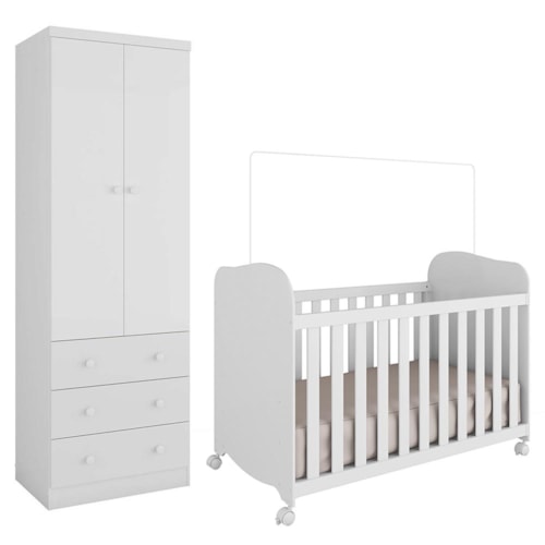 Jogo de Quarto Infantil Júnior Guarda Roupa 2 Portas e Berço Uli Branco Brilho - Móveis Peroba