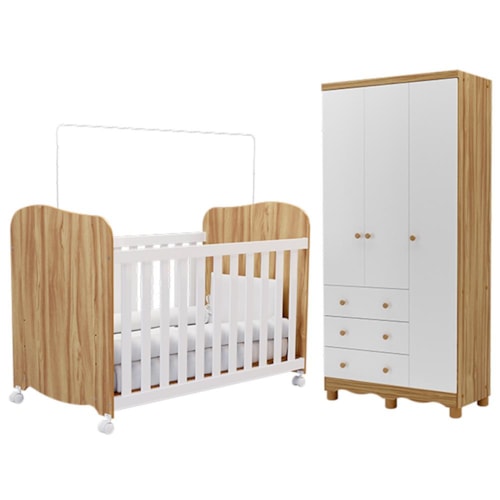 Jogo de Quarto Infantil Júnior Guarda Roupa 3 Portas e Berço Uli Branco Brilho/Amêndoa - Móveis Peroba