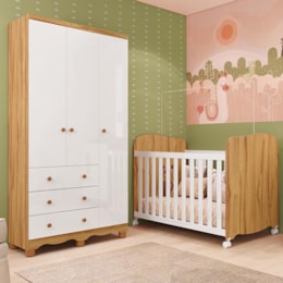 Jogo de Quarto Infantil Júnior Guarda Roupa 3 Portas e Berço Uli Branco Brilho/Amêndoa - Móveis Peroba