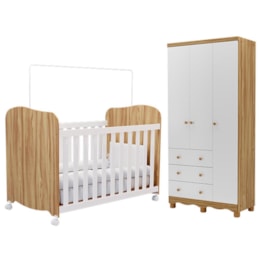 Jogo de Quarto Infantil Júnior Guarda Roupa 3 Portas e Berço Uli Branco Brilho/Amêndoa - Móveis Peroba