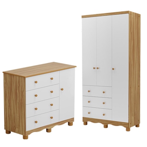 Jogo de Quarto Infantil Júnior Guarda Roupa 3 Portas e Cômoda 1 Porta Branco Brilho/Amêndoa - Móveis Peroba