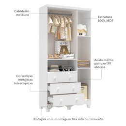 Jogo de Quarto Infantil Júnior Guarda Roupa 3 Portas e Cômoda 1 Porta Branco Brilho - Móveis Peroba 