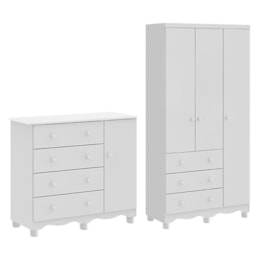 Jogo de Quarto Infantil Júnior Guarda Roupa 3 Portas e Cômoda 1 Porta Branco Brilho - Móveis Peroba 