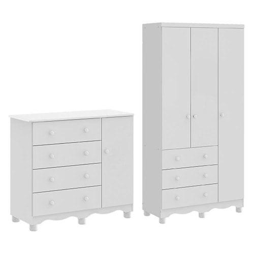 Jogo de Quarto Infantil Júnior Guarda Roupa 3 Portas e Cômoda 1 Porta Branco Brilho - Móveis Peroba 