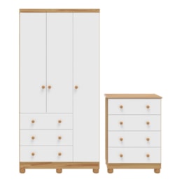 Jogo de Quarto Infantil Júnior Guarda Roupa 3 Portas e Cômoda 4 Gavetas Branco Brilho/Amêndoa - Móveis Peroba