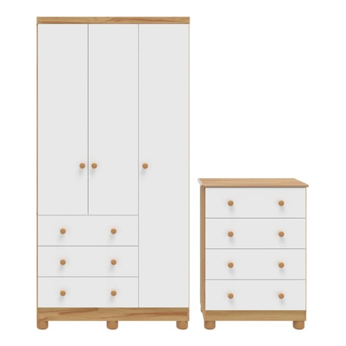 Jogo de Quarto Infantil Júnior Guarda Roupa 3 Portas e Cômoda 4 Gavetas Branco Brilho/Amêndoa - Móveis Peroba
