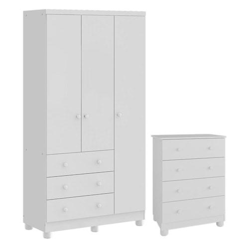 Jogo de Quarto Infantil Júnior Guarda Roupa 3 Portas e Cômoda 4 Gavetas Branco Brilho - Móveis Peroba