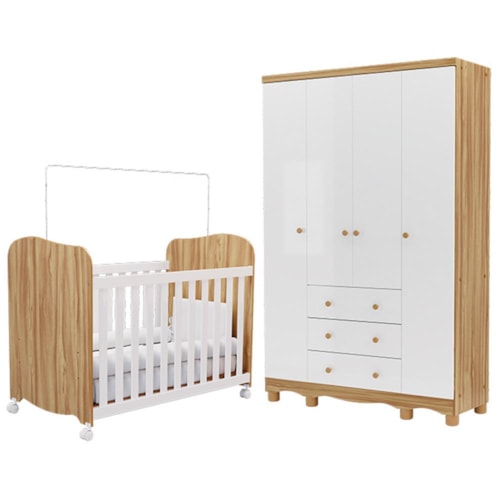 Jogo de Quarto Infantil Júnior Guarda Roupa 4 Portas e Berço Uli Branco Brilho/Amêndoa - Móveis Peroba