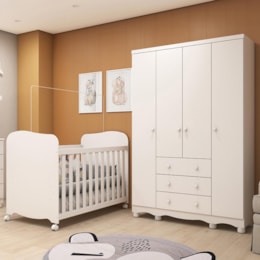 Jogo de Quarto Infantil Júnior Guarda Roupa 4 Portas e Berço Uli Branco Brilho - Móveis Peroba
