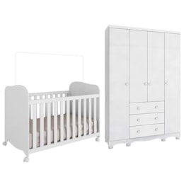 Jogo de Quarto Infantil Júnior Guarda Roupa 4 Portas e Berço Uli Branco Brilho - Móveis Peroba
