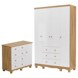 Jogo de Quarto Infantil Júnior Guarda Roupa 4 Portas e Cômoda 1 Porta Branco Brilho/Amêndoa - Móveis Peroba