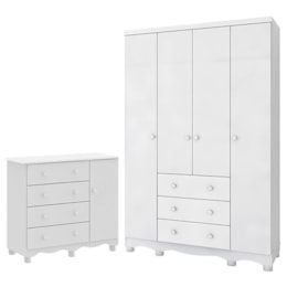 Jogo de Quarto Infantil Júnior Guarda Roupa 4 Portas e Cômoda 1 Porta Branco Brilho - Móveis Peroba