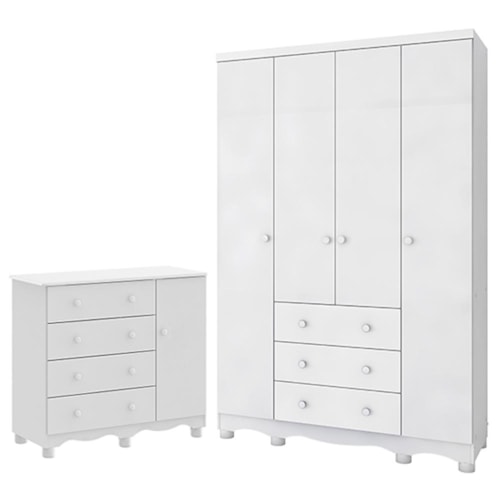 Jogo de Quarto Infantil Júnior Guarda Roupa 4 Portas e Cômoda 1 Porta Branco Brilho - Móveis Peroba