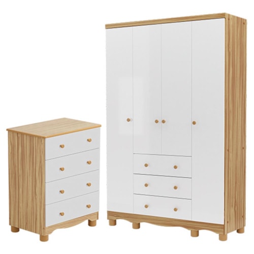 Jogo de Quarto Infantil Júnior Guarda Roupa 4 Portas e Cômoda 4 Gavetas Branco Brilho/Amêndoa - Móveis Peroba
