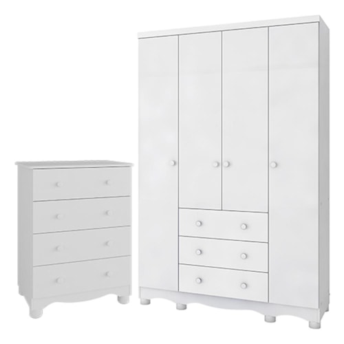 Jogo de Quarto Infantil Júnior Guarda Roupa 4 Portas e Cômoda 4 Gavetas Branco Brilho - Móveis Peroba