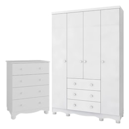 Jogo de Quarto Infantil Júnior Guarda Roupa 4 Portas e Cômoda 4 Gavetas Branco Brilho - Móveis Peroba