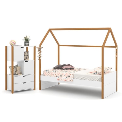 Jogo de Quarto Infantil Kids Liv com Cama e Armário Organizador Branco Soft/Freijó - Matic Móveis