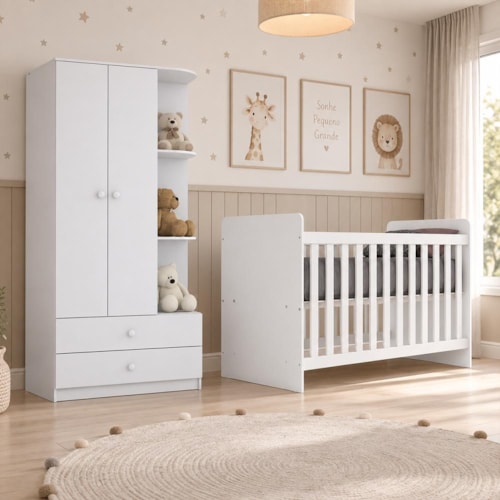 Jogo de Quarto Infantil Labirinto com Guarda Roupa e Berço Branco - Móveis Henn