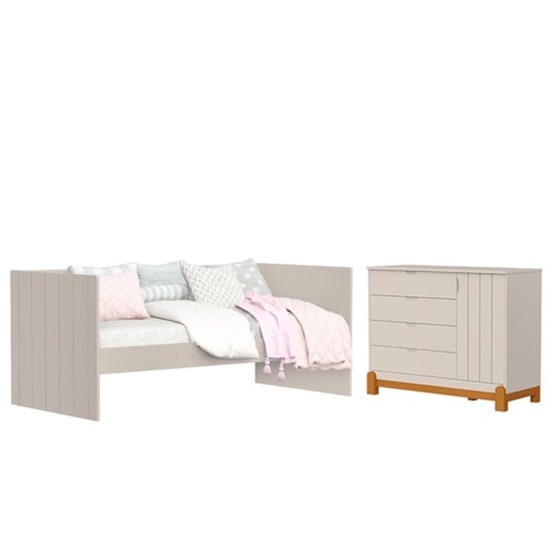 Jogo de Quarto Infantil Lotus com Sofá Cama Solteiro e Cômoda 1 Porta Areia Fosco - Reller Móveis 