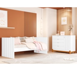 Jogo de Quarto Infantil Lotus com Sofá Cama Solteiro e Cômoda 1 Porta Branco Fosco - Reller Móveis