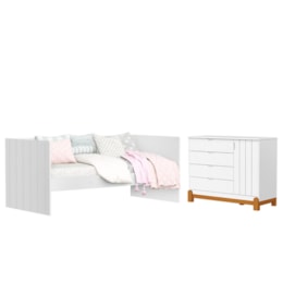 Jogo de Quarto Infantil Lotus com Sofá Cama Solteiro e Cômoda 1 Porta Branco Fosco - Reller Móveis