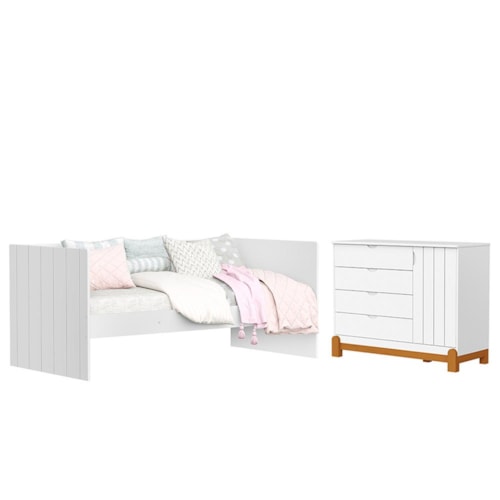 Jogo de Quarto Infantil Lotus com Sofá Cama Solteiro e Cômoda 1 Porta Branco Fosco - Reller Móveis