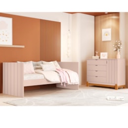 Jogo de Quarto Infantil Lotus com Sofá Cama Solteiro e Cômoda 1 Porta Rosa Fosco - Reller Móveis