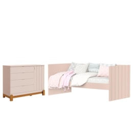 Jogo de Quarto Infantil Lotus com Sofá Cama Solteiro e Cômoda 1 Porta Rosa Fosco - Reller Móveis
