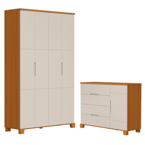 Jogo de Quarto Infantil Luna Guarda Roupa 4 Portas e Cômoda 1 Porta Areia Fosco/Savana - Reller Móveis