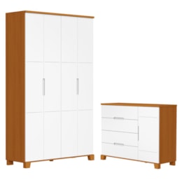 Jogo de Quarto Infantil Luna Guarda Roupa 4 Portas e Cômoda 1 Porta Branco Fosco/Savana - Reller Móveis