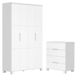 Jogo de Quarto Infantil Luna Guarda Roupa 4 Portas e Cômoda 4 Gavetas Branco Fosco - Reller Móveis