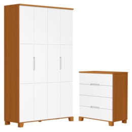 Jogo de Quarto Infantil Luna Guarda Roupa 4 Portas e Cômoda 4 Gavetas Branco Fosco/Savana - Reller Móveis