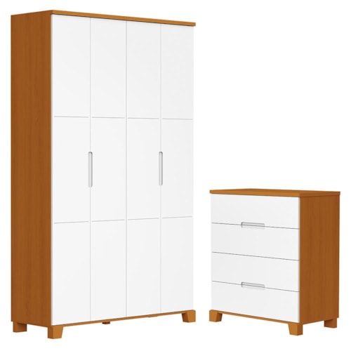 Jogo de Quarto Infantil Luna Guarda Roupa 4 Portas e Cômoda 4 Gavetas Branco Fosco/Savana - Reller Móveis