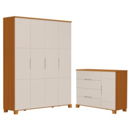 Jogo de Quarto Infantil Luna Max Guarda Roupa 4 Portas e Cômoda 1 Porta Areia Fosco/Savana - Reller Móveis
