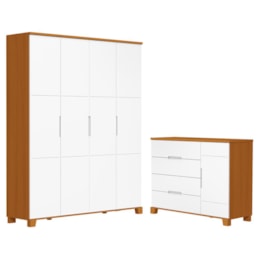 Jogo de Quarto Infantil Luna Max Guarda Roupa 4 Portas e Cômoda 1 Porta Branco Fosco/Savana - Reller Móveis 