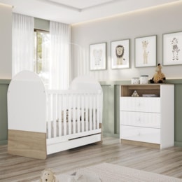 Jogo de Quarto Infantil Magia com Cômoda e Berço Branco/Jequitibá - Móveis Henn 